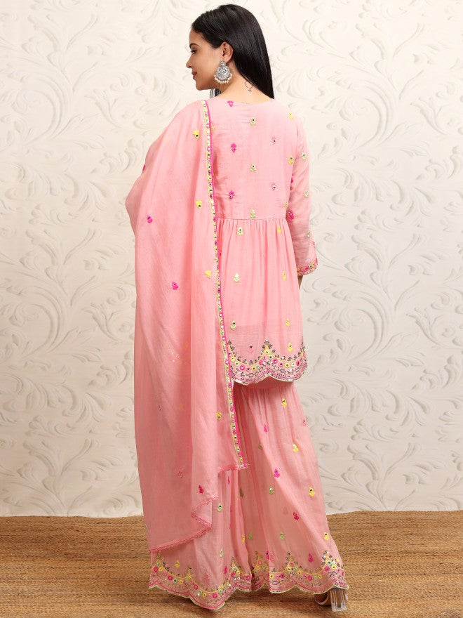 Vishudh Women Peach Embroidered Kurta With Sharara And Dupatta - Peach - Image 3