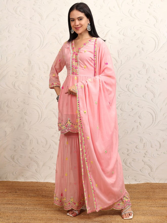 Vishudh Women Peach Embroidered Kurta With Sharara And Dupatta - Peach - Image 4