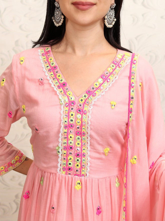 Vishudh Women Peach Embroidered Kurta With Sharara And Dupatta - Peach - Image 5