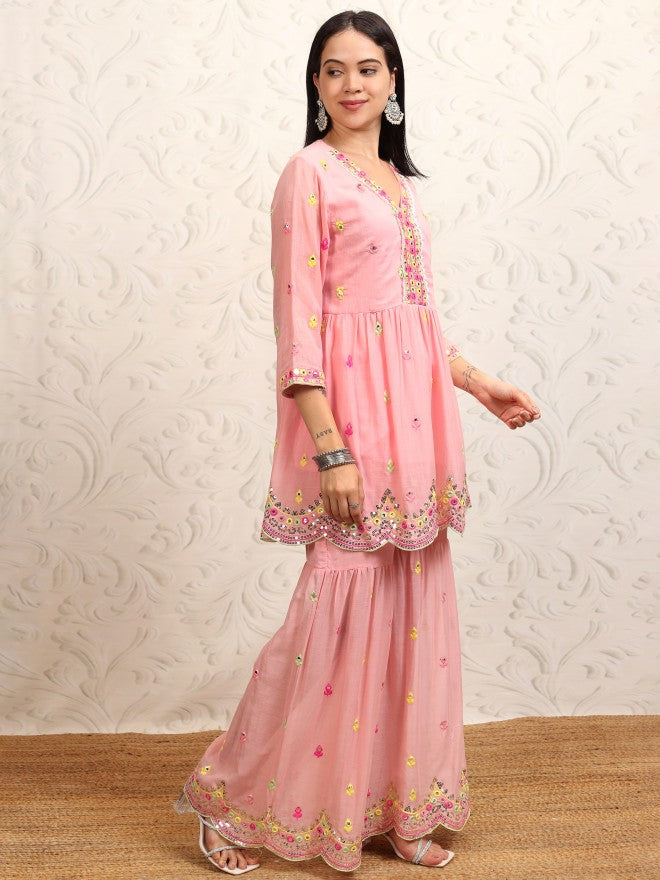 Vishudh Women Peach Embroidered Kurta With Sharara And Dupatta - Peach - Image 6