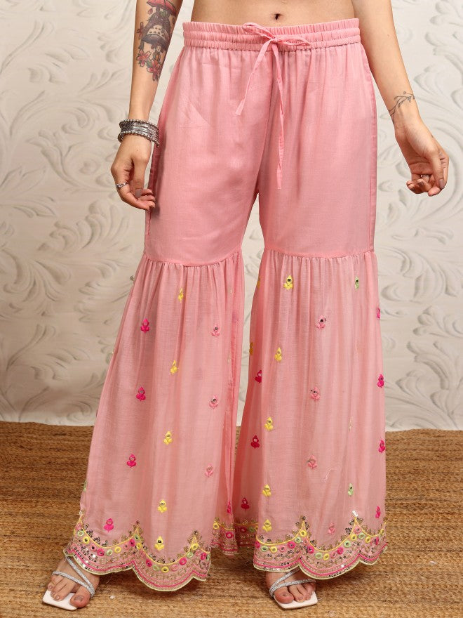 Vishudh Women Peach Embroidered Kurta With Sharara And Dupatta - Peach - Image 8
