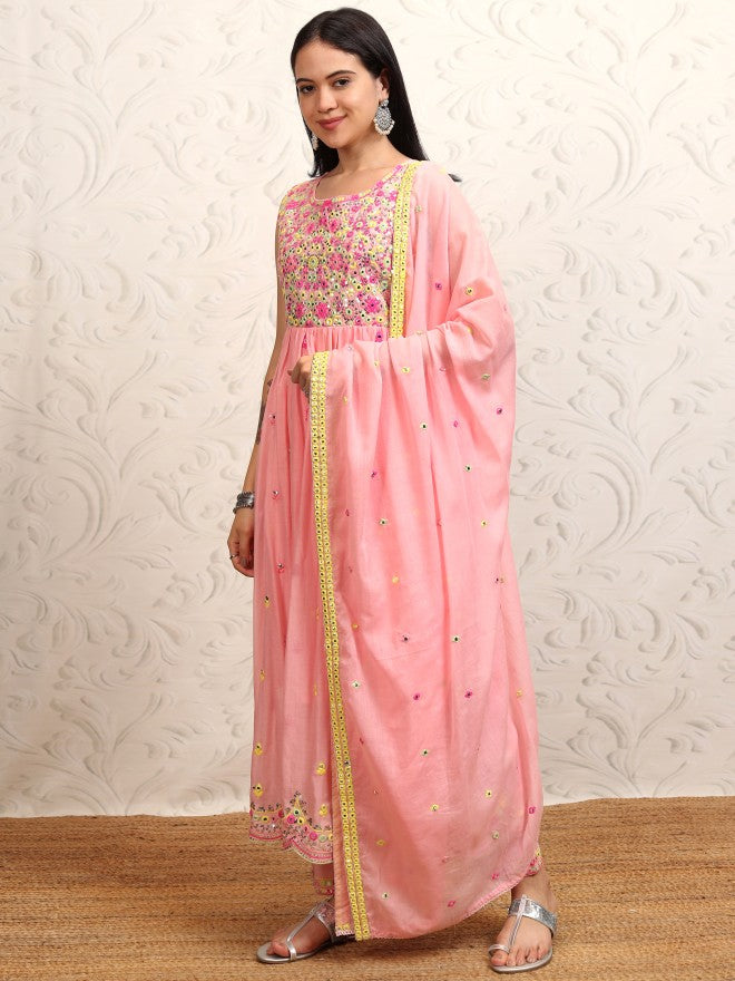 Vishudh Women Peach Embroidered Kurta With Trouser And Dupatta - Peach - Image 1