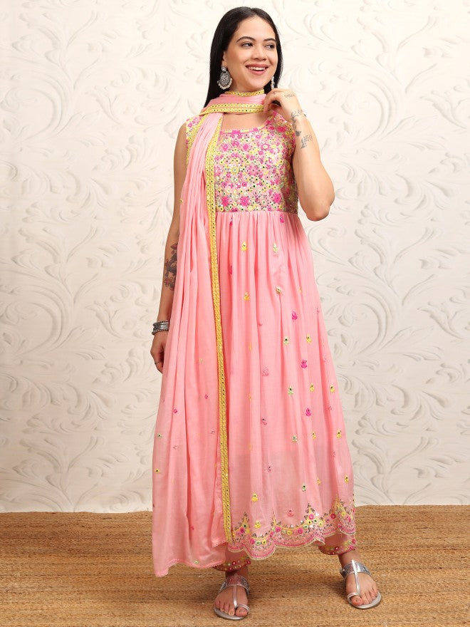 Vishudh Women Peach Embroidered Kurta With Trouser And Dupatta - Peach - Image 2
