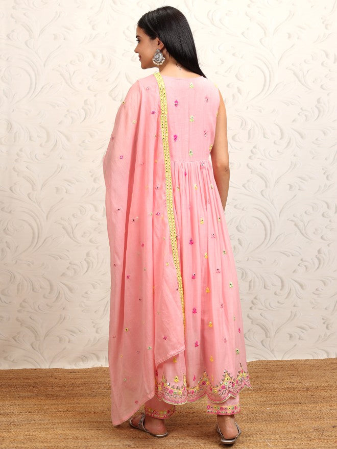 Vishudh Women Peach Embroidered Kurta With Trouser And Dupatta - Peach - Image 3