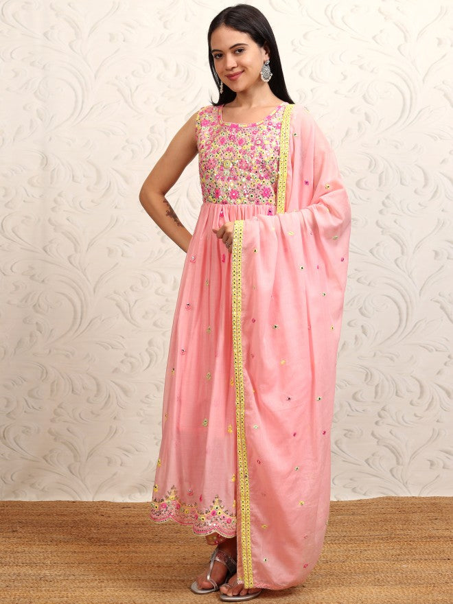 Vishudh Women Peach Embroidered Kurta With Trouser And Dupatta - Peach - Image 4