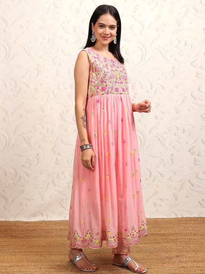 Vishudh Women Peach Embroidered Kurta With Trouser And Dupatta - Peach - Image 6
