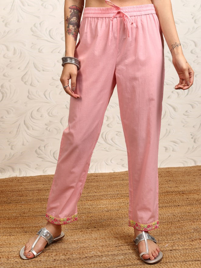 Vishudh Women Peach Embroidered Kurta With Trouser And Dupatta - Peach - Image 8