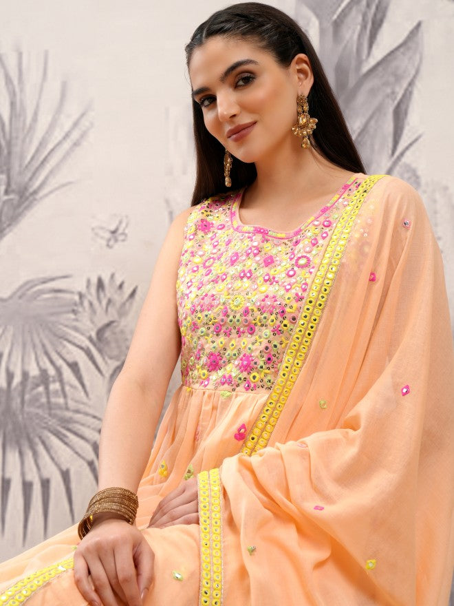 Vishudh Women Orange Embroidered Kurta With Trouser And Dupatta - Orange - Image 1
