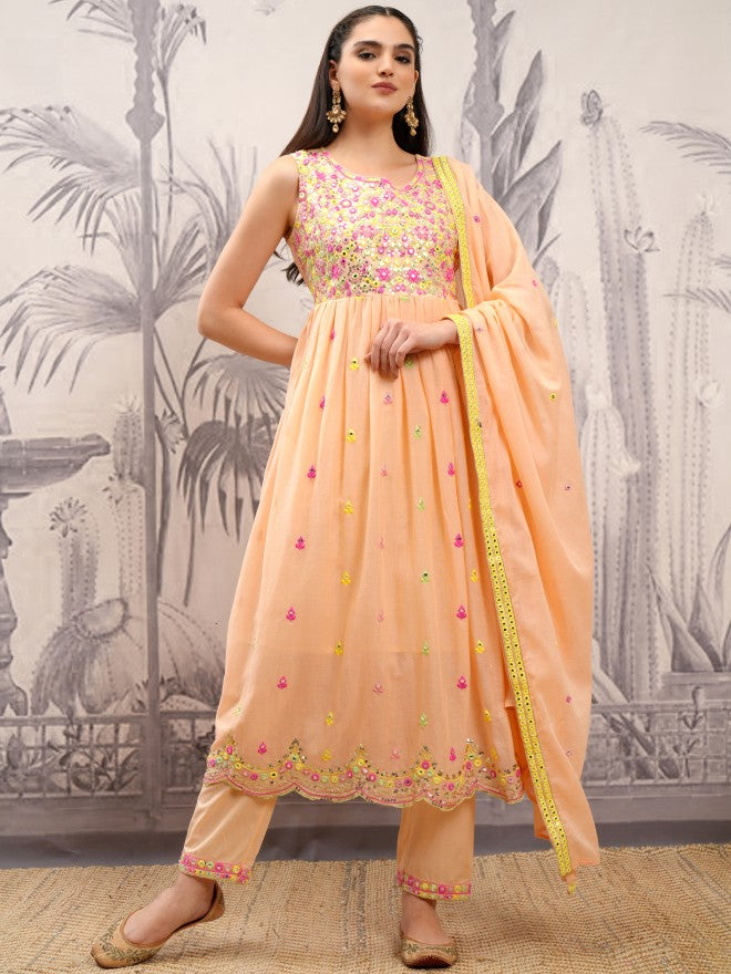 Vishudh Women Orange Embroidered Kurta With Trouser And Dupatta - Orange - Image 2