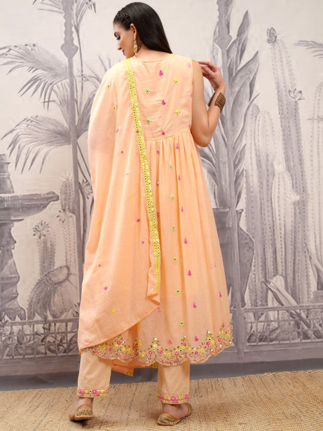 Vishudh Women Orange Embroidered Kurta With Trouser And Dupatta - Orange - Image 3