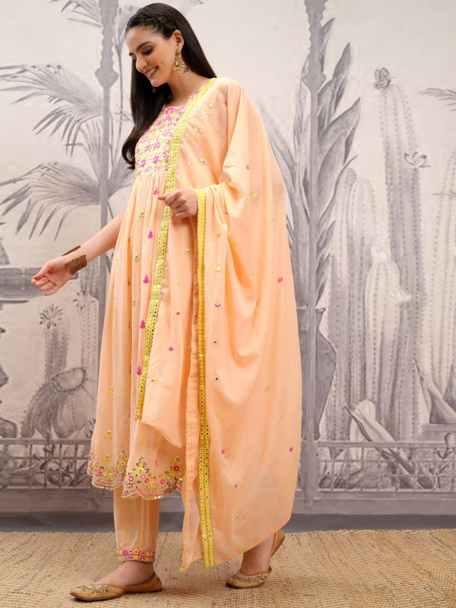 Vishudh Women Orange Embroidered Kurta With Trouser And Dupatta - Orange - Image 4