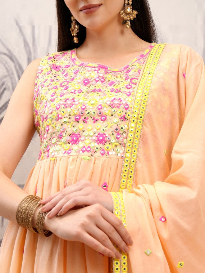 Vishudh Women Orange Embroidered Kurta With Trouser And Dupatta - Orange - Image 5