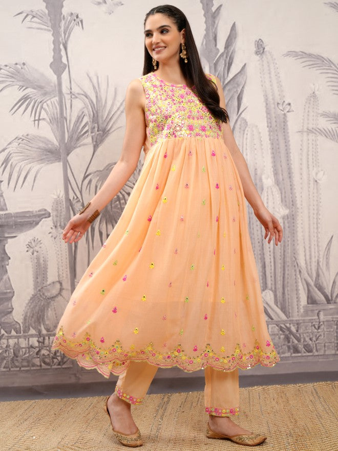 Vishudh Women Orange Embroidered Kurta With Trouser And Dupatta - Orange - Image 6
