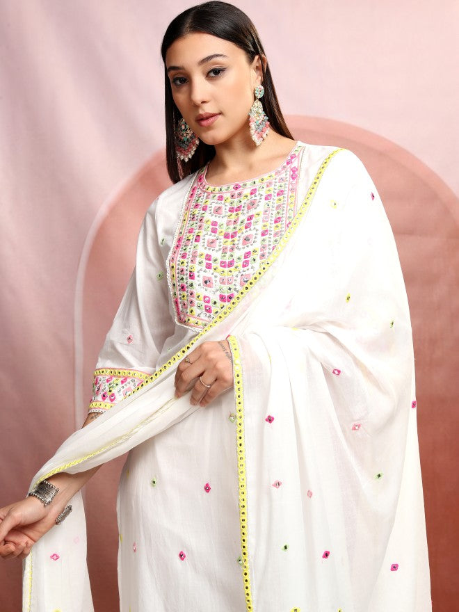 Vishudh Women White Embroidered Kurta With Trouser And Dupatta - White - Image 1
