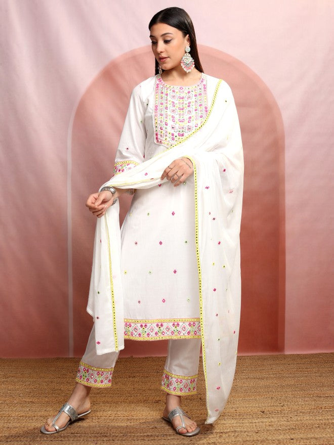 Vishudh Women White Embroidered Kurta With Trouser And Dupatta - White - Image 2