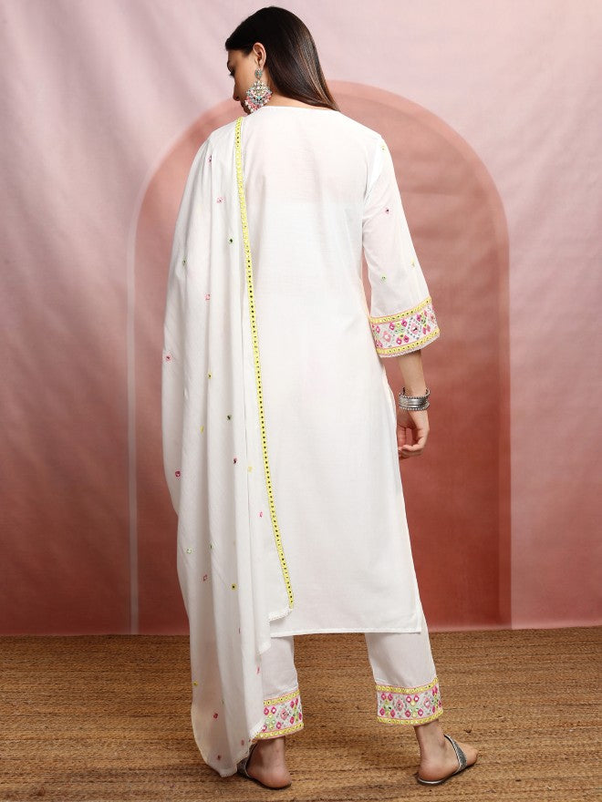 Vishudh Women White Embroidered Kurta With Trouser And Dupatta - White - Image 3
