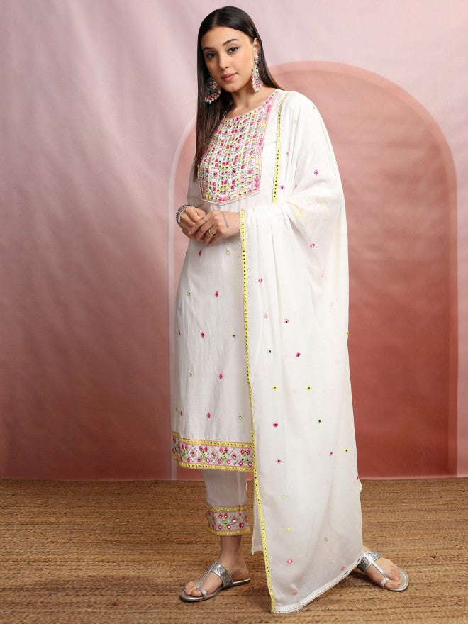 Vishudh Women White Embroidered Kurta With Trouser And Dupatta - White - Image 4