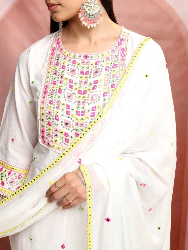 Vishudh Women White Embroidered Kurta With Trouser And Dupatta - White - Image 5