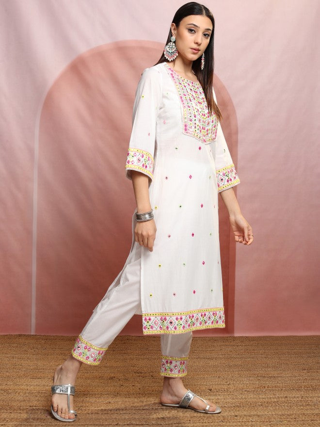 Vishudh Women White Embroidered Kurta With Trouser And Dupatta - White - Image 6
