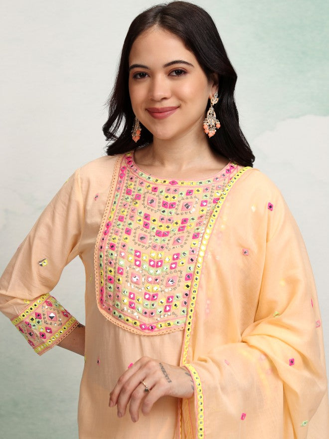 Vishudh Women Pink Embroidered Kurta With Trouser And Dupatta - Pink - Image 1
