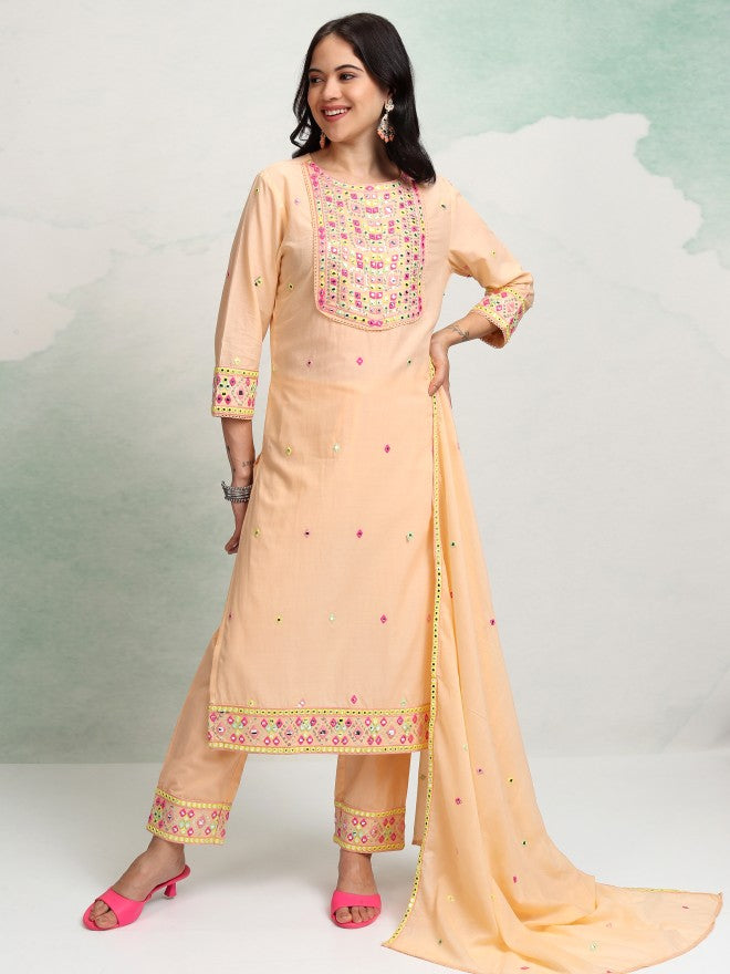 Vishudh Women Pink Embroidered Kurta With Trouser And Dupatta - Pink - Image 2