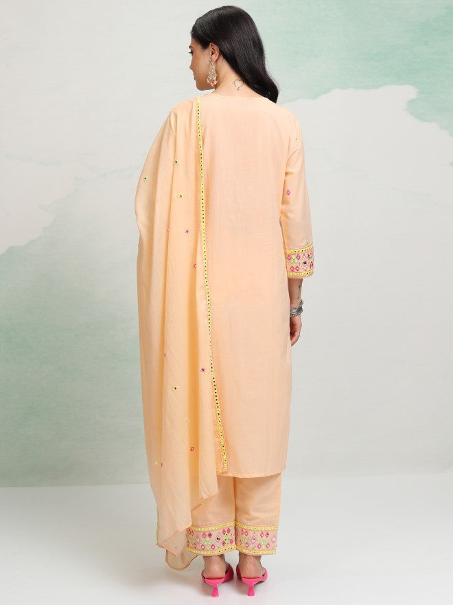 Vishudh Women Pink Embroidered Kurta With Trouser And Dupatta - Pink - Image 3