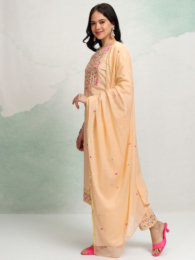 Vishudh Women Pink Embroidered Kurta With Trouser And Dupatta - Pink - Image 4