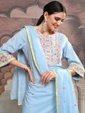 Vishudh Women Blue Embroidered Kurta With Trouser And Dupatta - Blue - Image 1