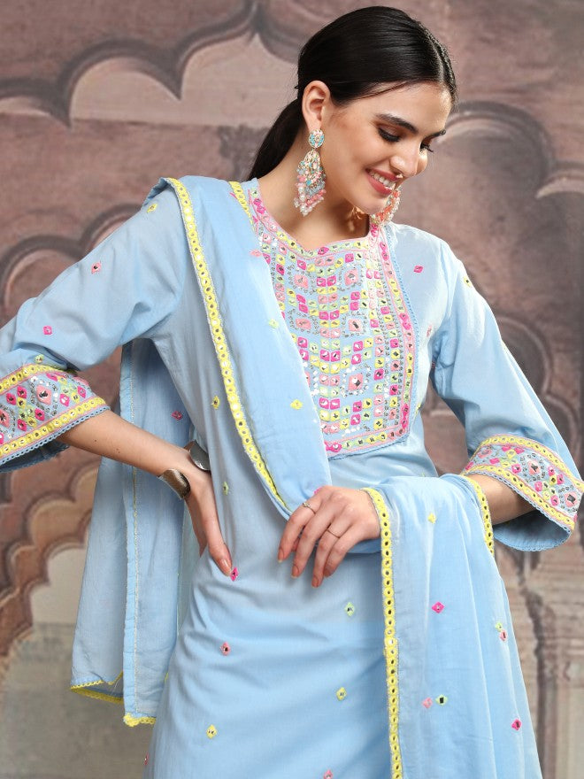 Vishudh Women Blue Embroidered Kurta With Trouser And Dupatta - Blue - Image 1