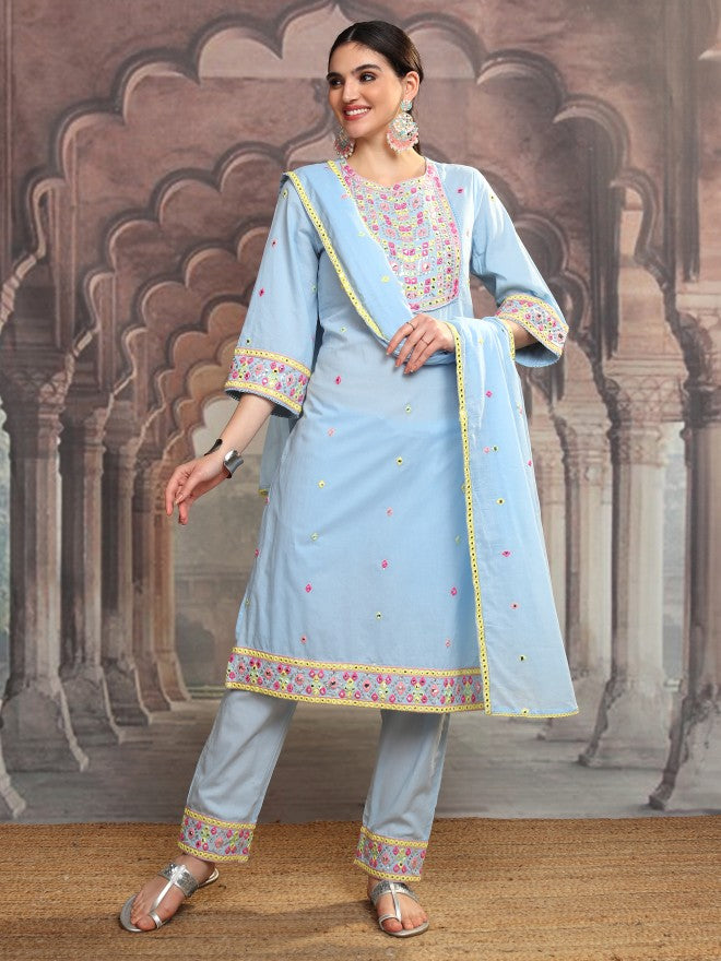 Vishudh Women Blue Embroidered Kurta With Trouser And Dupatta - Blue - Image 2