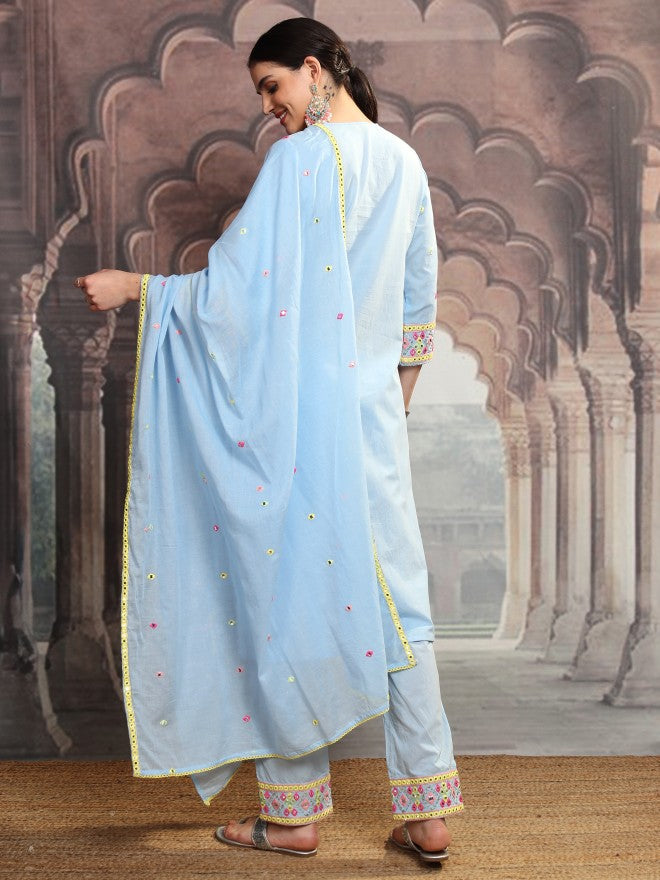 Vishudh Women Blue Embroidered Kurta With Trouser And Dupatta - Blue - Image 3
