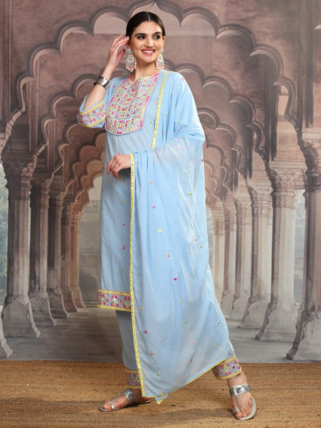 Vishudh Women Blue Embroidered Kurta With Trouser And Dupatta - Blue - Image 4