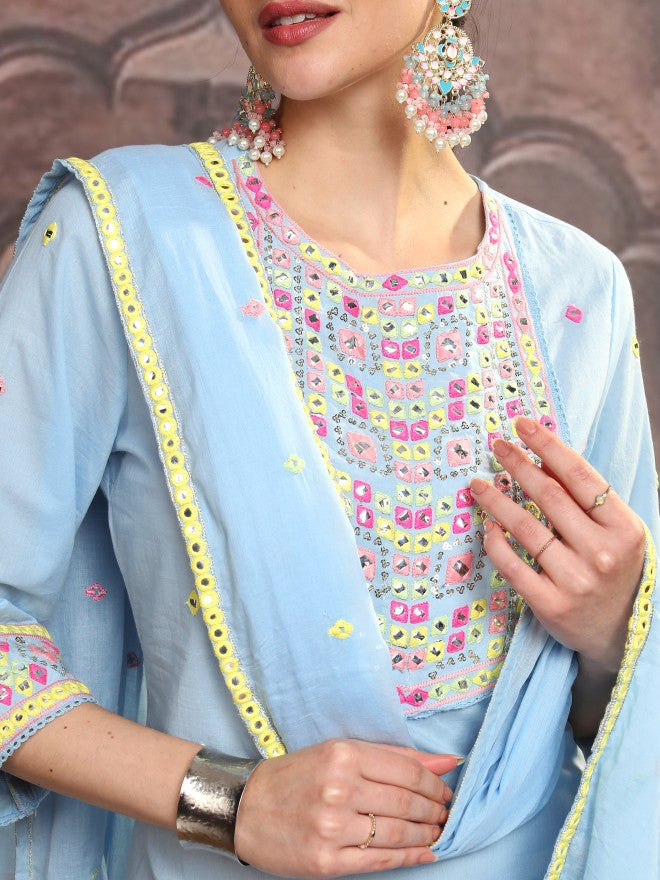 Vishudh Women Blue Embroidered Kurta With Trouser And Dupatta - Blue - Image 5