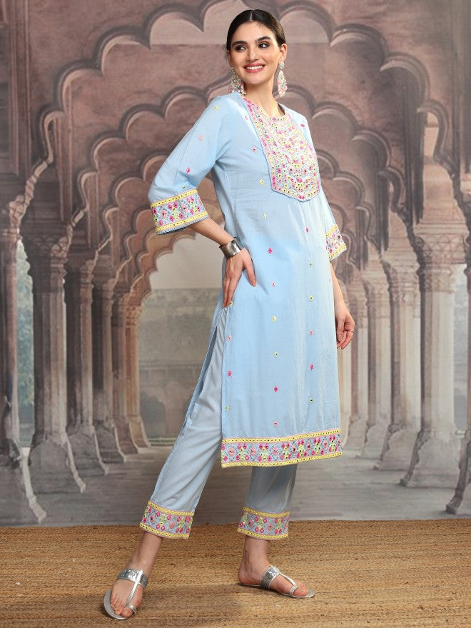 Vishudh Women Blue Embroidered Kurta With Trouser And Dupatta - Blue - Image 6