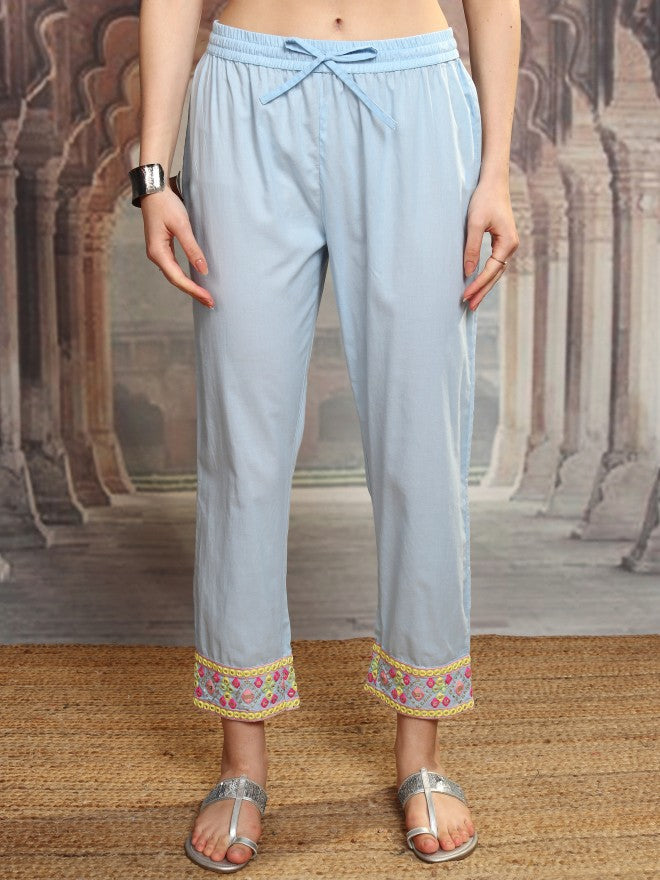Vishudh Women Blue Embroidered Kurta With Trouser And Dupatta - Blue - Image 8