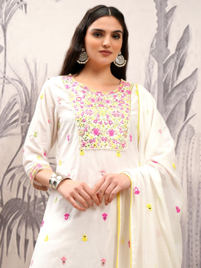 Vishudh Women White Embroidered Kurta With Trouser And Dupatta - White - Image 1