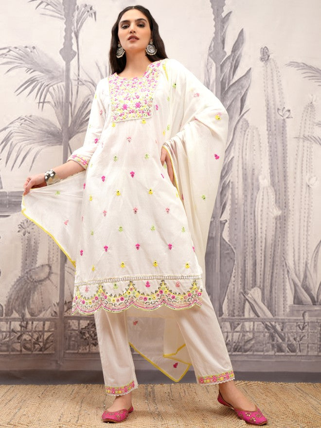 Vishudh Women White Embroidered Kurta With Trouser And Dupatta - White - Image 2
