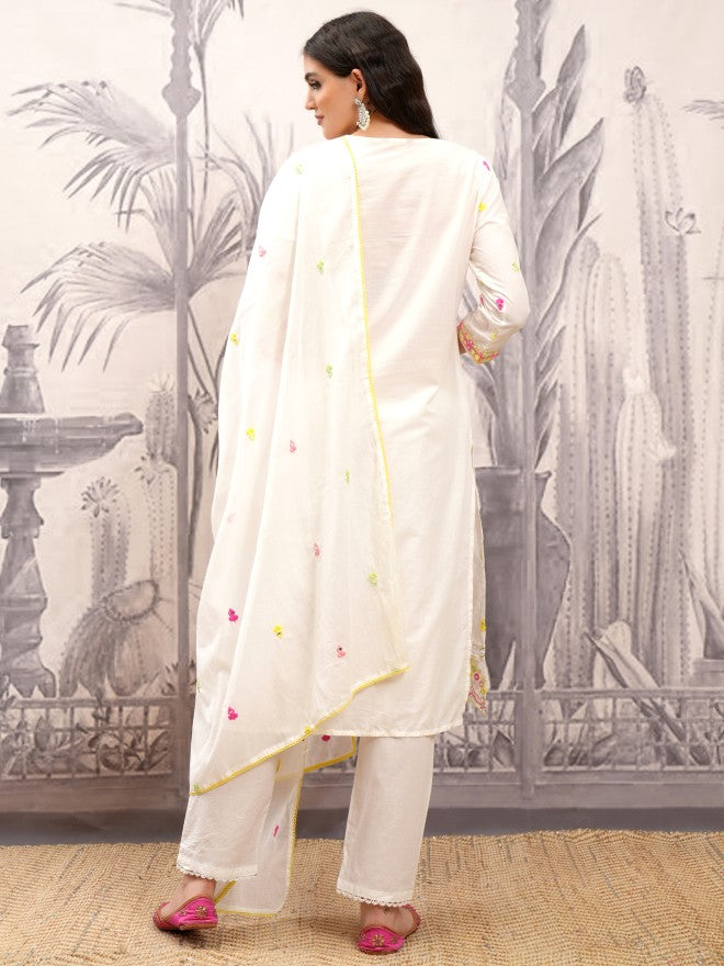 Vishudh Women White Embroidered Kurta With Trouser And Dupatta - White - Image 3