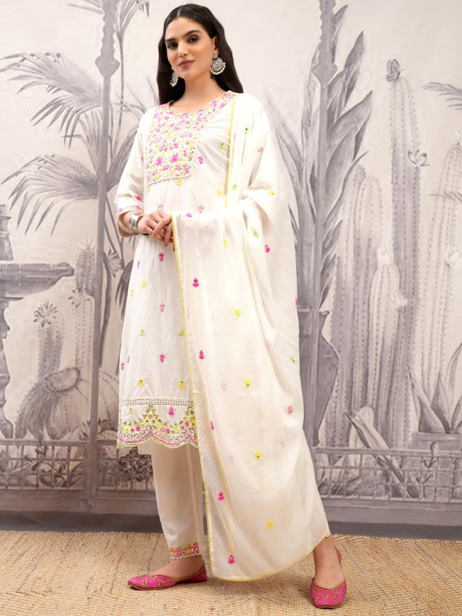 Vishudh Women White Embroidered Kurta With Trouser And Dupatta - White - Image 4