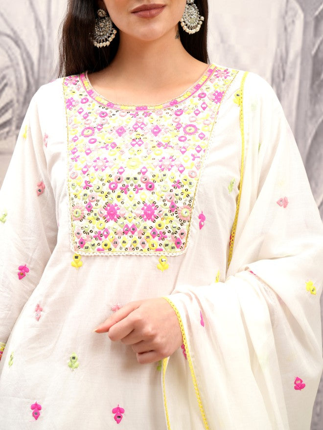Vishudh Women White Embroidered Kurta With Trouser And Dupatta - White - Image 5