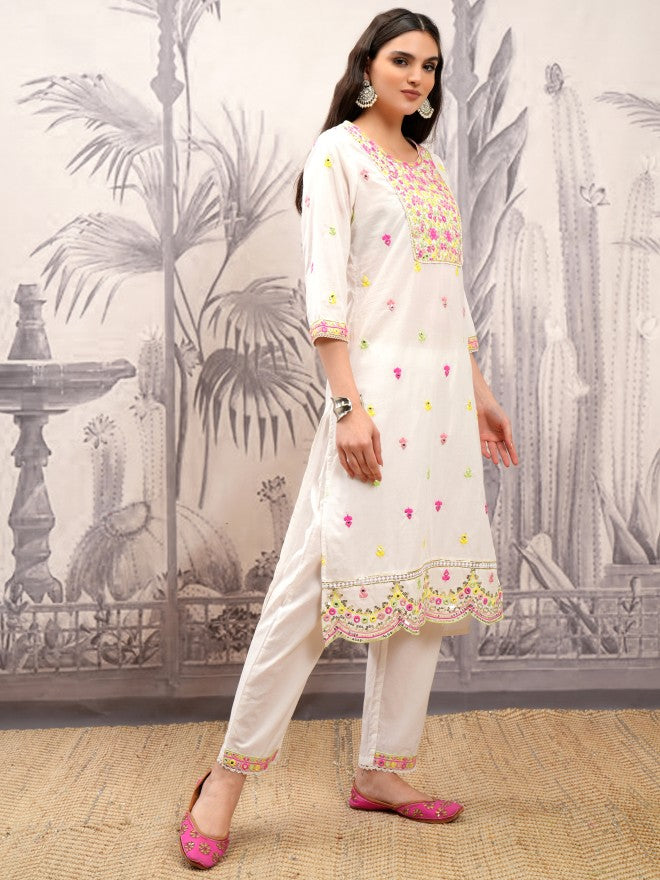 Vishudh Women White Embroidered Kurta With Trouser And Dupatta - White - Image 6