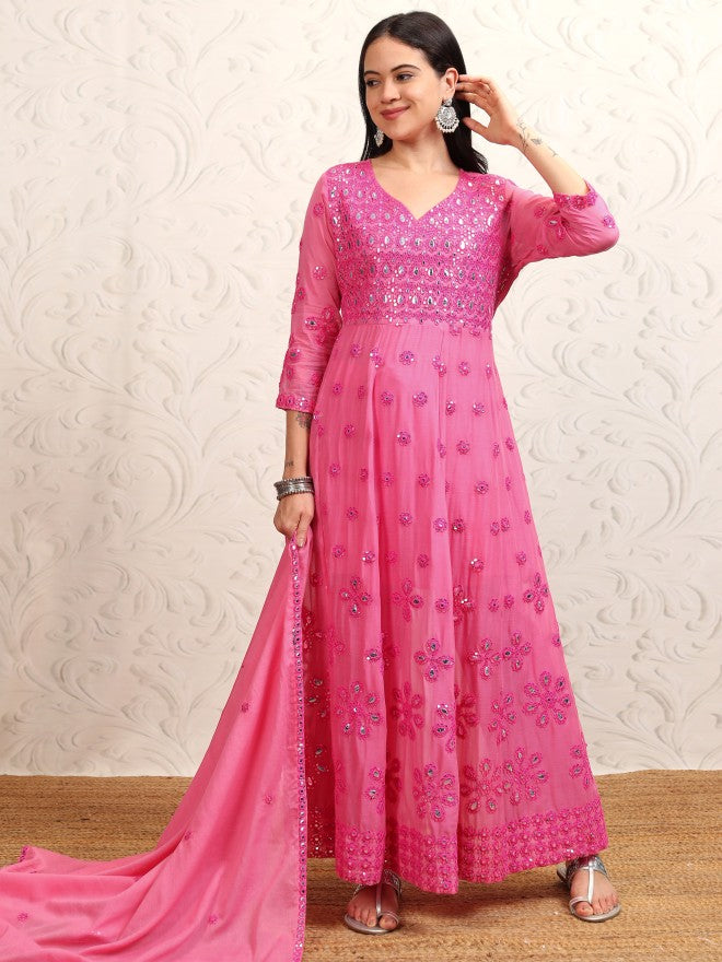 Vishudh Women Pink Embroidered Kurta With Trouser And Dupatta - Pink - Image 2