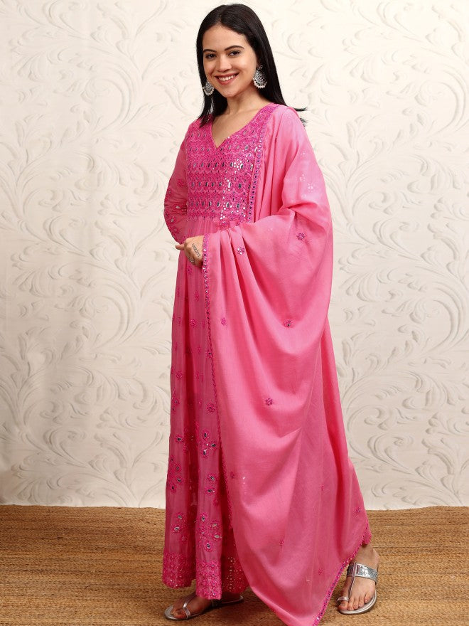 Vishudh Women Pink Embroidered Kurta With Trouser And Dupatta - Pink - Image 4