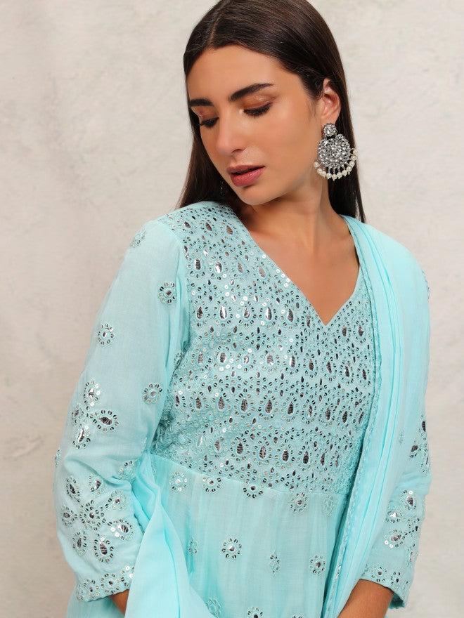 Vishudh Women Blue Embroidered Kurta With Trouser And Dupatta - Blue - Image 1
