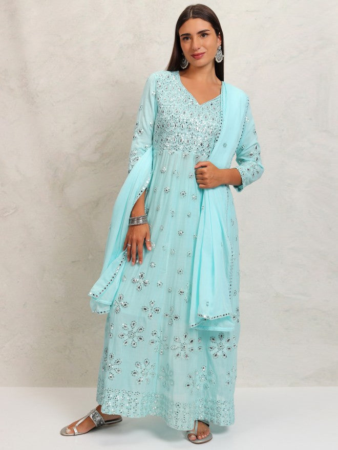 Vishudh Women Blue Embroidered Kurta With Trouser And Dupatta - Blue - Image 2