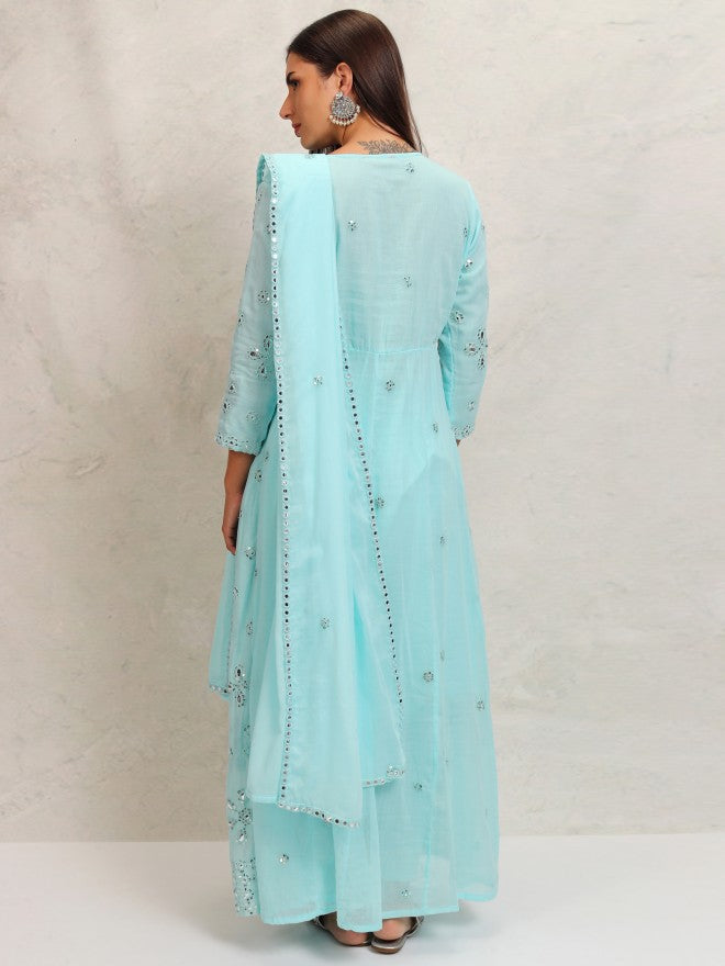 Vishudh Women Blue Embroidered Kurta With Trouser And Dupatta - Blue - Image 3