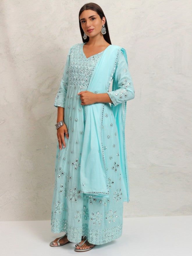 Vishudh Women Blue Embroidered Kurta With Trouser And Dupatta - Blue - Image 4
