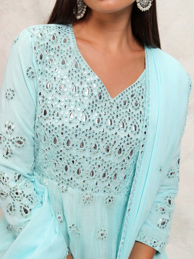 Vishudh Women Blue Embroidered Kurta With Trouser And Dupatta - Blue - Image 5