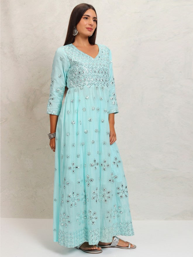 Vishudh Women Blue Embroidered Kurta With Trouser And Dupatta - Blue - Image 6