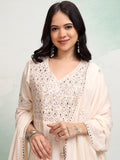 Vishudh Women Cream Embroidered Kurta With Trouser And Dupatta - Cream - Image 1
